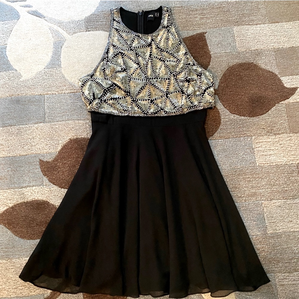 ASOS Mini Dress Embellished with Geometric Bodice Overlay Chiffon Skater Skirt